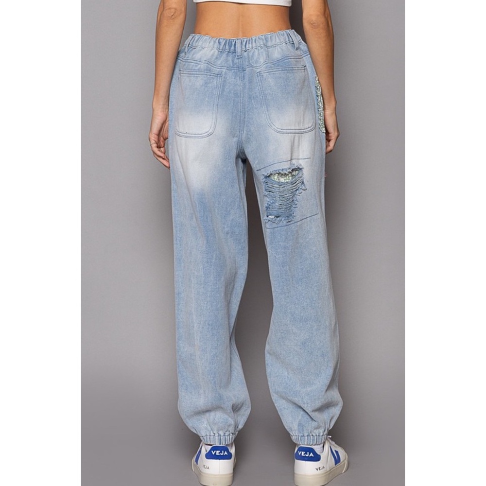 POL Light Wash Patchwork Boyfriend Jogger Jeans Lightweight - Picture 6 of 13